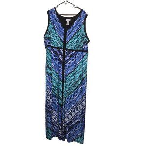 Catherines Maxi Dress 4X Blue Stretch Popover Sleeveless Black Trim Comfort Slit